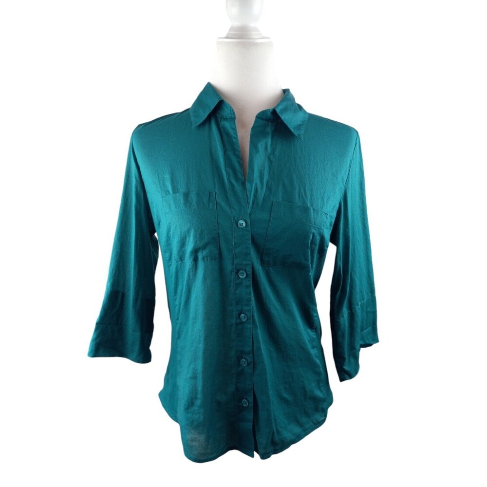Ann Taylor Green Cotton Blouse Adj 3/4 Sleeve Sz 4 Pocket VNeck Pleated Top Lite